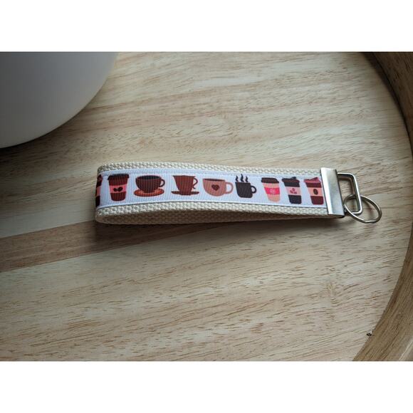 Coffee Cup Keychain Wristlet Feather Boho Fabric Key Ring FOB Espresso Gift Item - Picture 3 of 7